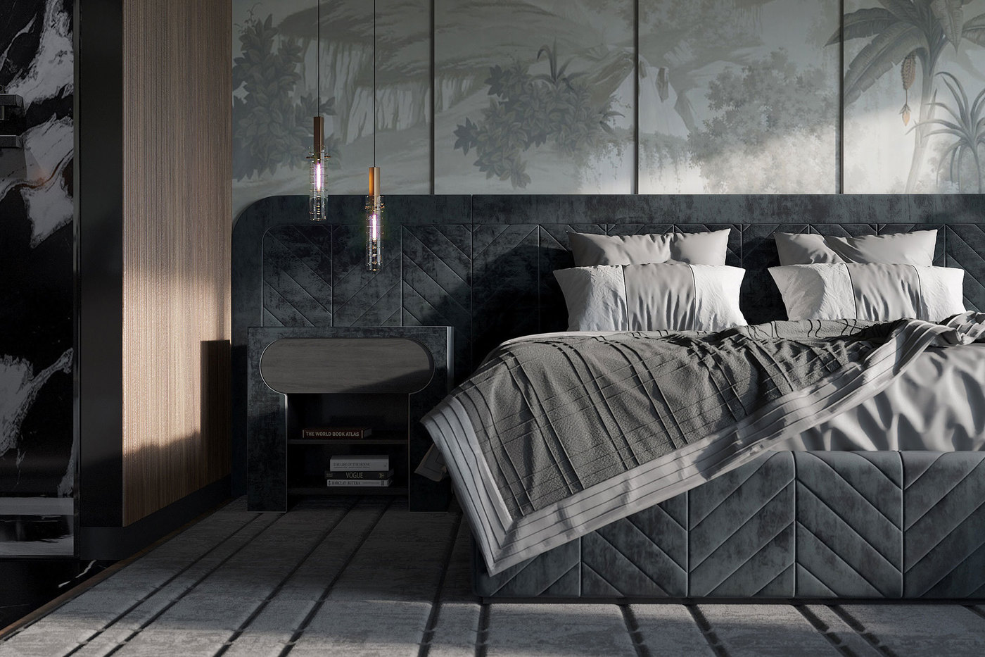 Ceccotti Bed by Vincenzo de Cotiis, Quadrilatte Rugs and Preciosa Geometric Pendants by Ekaterina Elizarova - Elizarova Design Studio