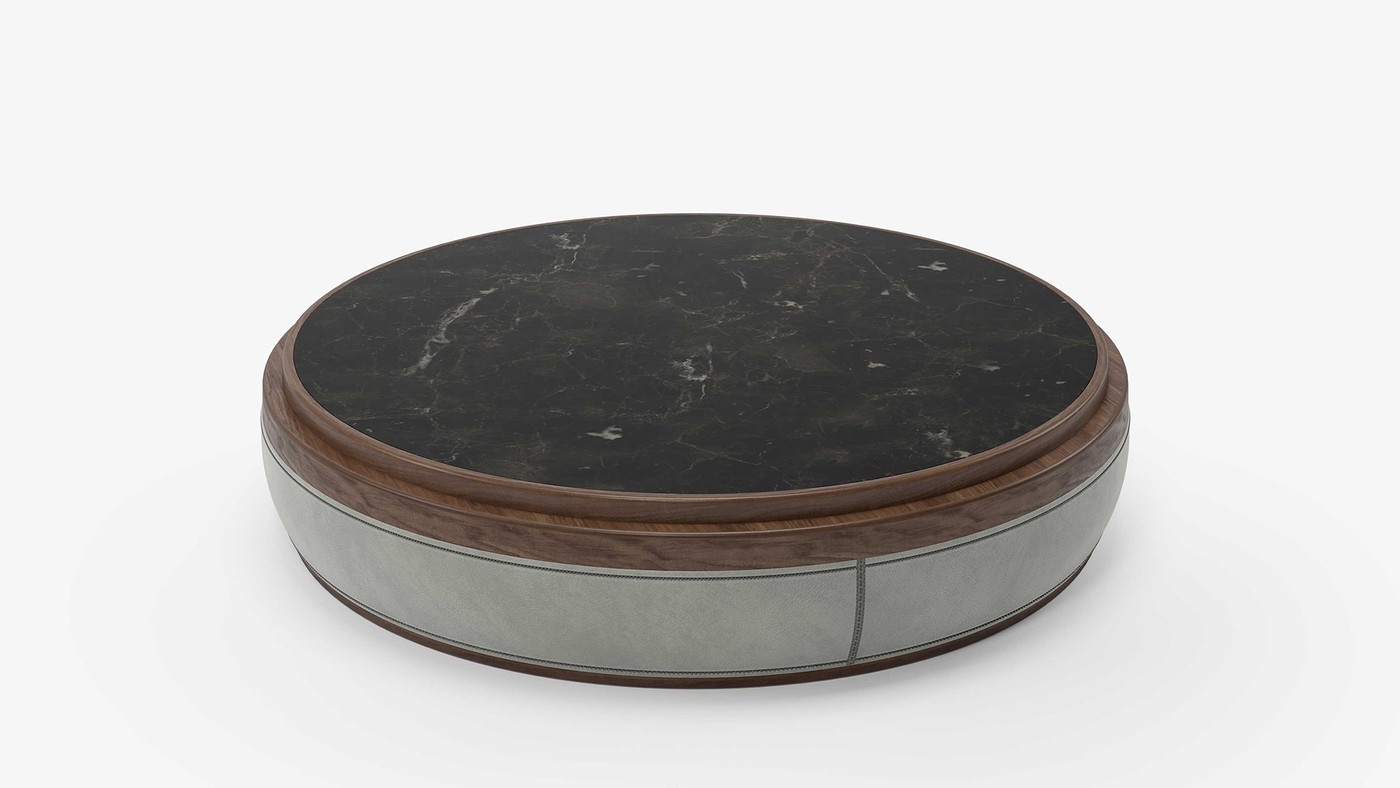 Round coffee table, gray leather, walnut, black marble marquina
