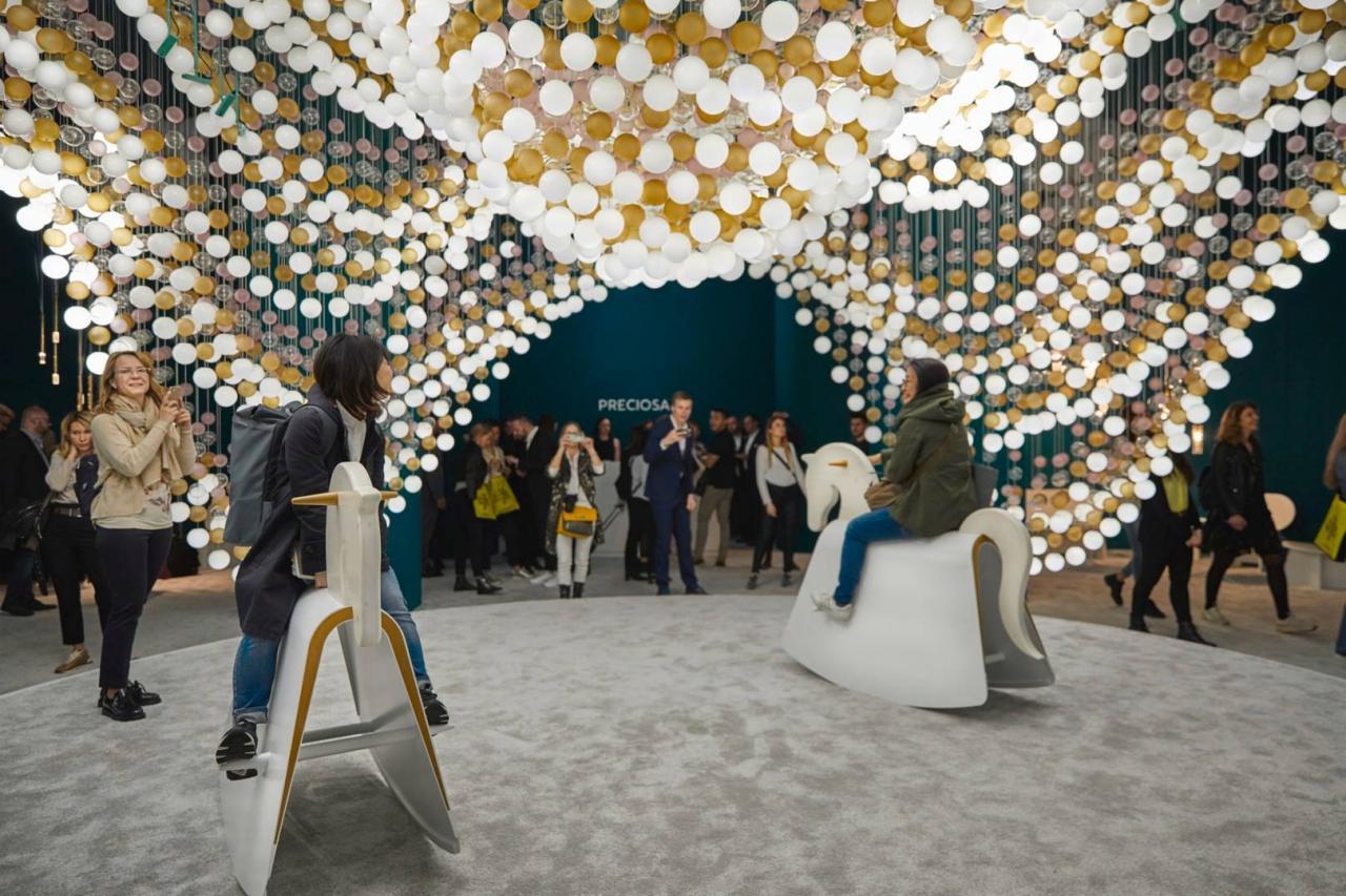 Preciosa Lighting Booth at Salone del Mobile 2019 featuring the Geometric pendants by Ekaterina Elizarova